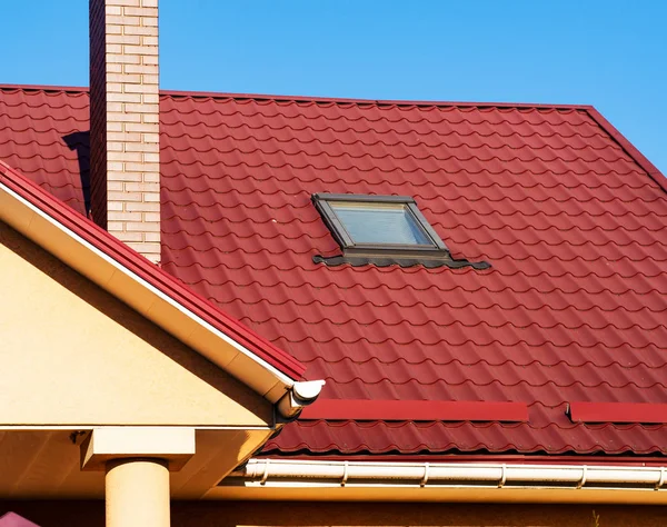 Skylight Snowguard Brick Chimney Metal Tile Roof Closeup — Stock Photo, Image