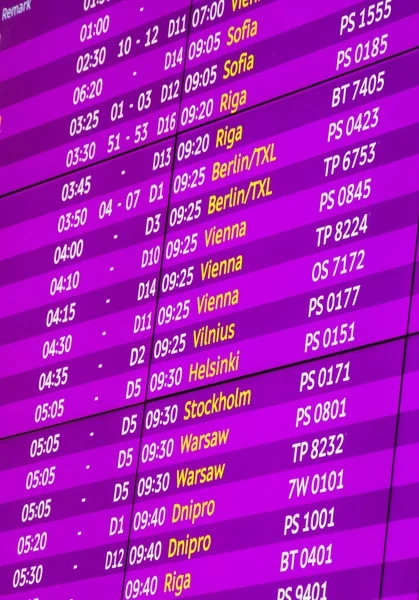 Airport Departure Board International Flight Information Travel Purple Color — Stock Photo, Image