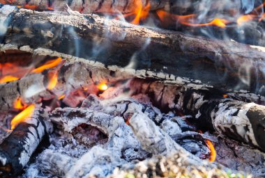 Kamp ateşi yakacak odun, yanma ile makro. Şöminede smoldering parlayan köz