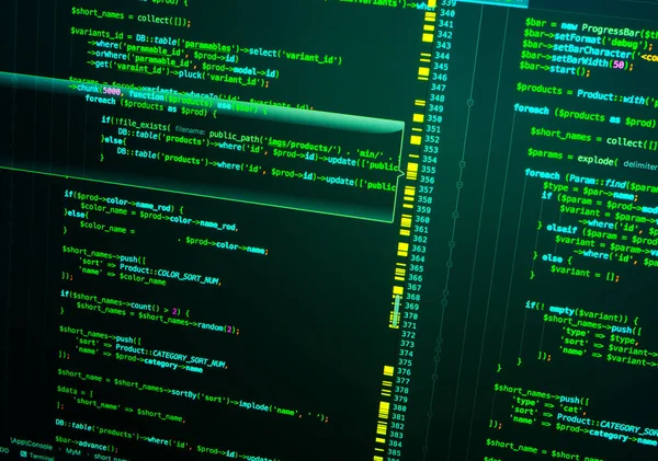 Detaillierte echte PHP-Zeilen auf dunkelgrünem Hintergrund. Webentwicklung — Stockfoto