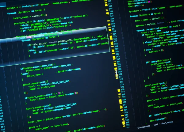 Lines of php coding on the screen. Green code on dark blue background, macro — Stock Photo, Image