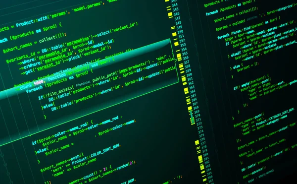 Web-Entwicklung der Website mit PHP-Sprache. Code auf dunkelgrünem Hintergrund, Makro — Stockfoto