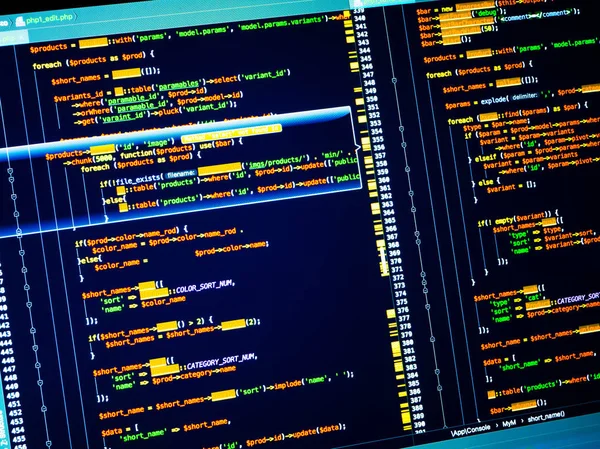 Web-Entwicklung der Website mit PHP-Sprache. farbenfroher PHP-Code im Editor (persönliche Homepage) — Stockfoto