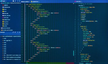 Editörde Css ve html web tasarım kodu, ön görünüm. Site tasarımının geliştirilmesi