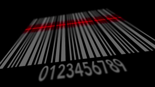 Scannen Von Barcode Auf Schwarzem Hintergrund Rote Scanner Linie Auf — Stockvideo
