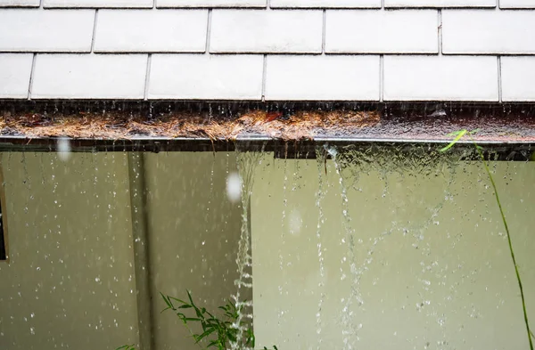 Närbild på delen av Hängränna igensatt med löv, skräp på bostadshus under regnet — Stockfoto