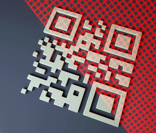 Tutup dari qr code scanning, 3d render, red grid scanning barcode, 3d illustration — Stok Foto