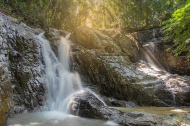 Tropik yağmur ormanlarındaki akarsular kayalardan yıkanmış güzel bir şelale oluşturmak için