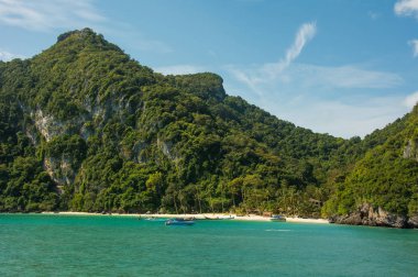 Deniz milli parkı, koh Samui üzerinde plaj ve tekneler ile Tayland tropikal ada