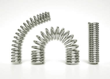 Esnek gümüş silindirik yaylar 3d illüstrasyon. Gerçekçi metal sıkıştırma yayları seti