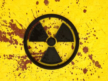 Kan sıçramaları ile sarı tuğla duvarda nükleer kirliliğin 3d sembolü