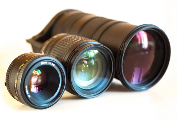 Three camera lenses isolated on white — Stock Photo, Image
