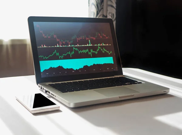 Laptop com gráfico em sua exibição no local de trabalho do economista — Fotografia de Stock