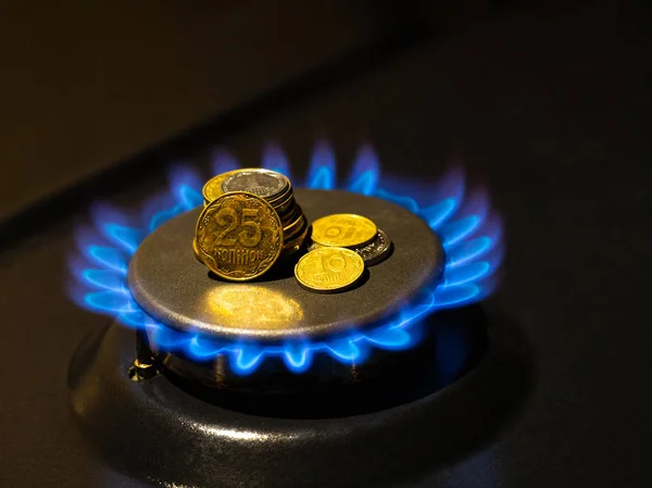 Burning gas stove hob blue flames with coins, close up