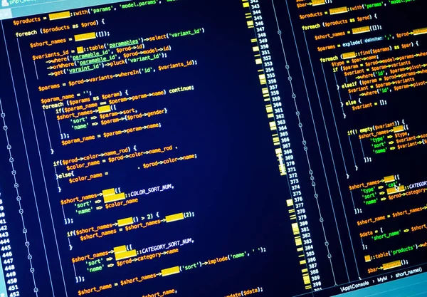 Lines of php code on the screen, close up. Web developing of the site using php language — Stockfoto