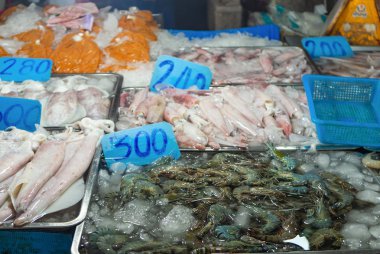 Balık pazarında taze karidesler, kalamarlar.