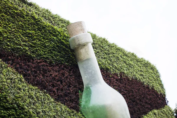 Art Installation of Bottle on the Wall with Plants on Facade. Green Facade with Art Installation. Giant Art Work.