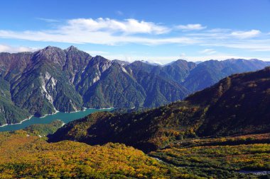 Tateyama Dağları ve Ormanı Panorama Görünümü.