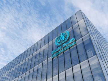 15 Haziran 2020, Sadece Editör Kullanımı, 3D CGI. Cam Binası 'nın tepesinde Dünya Sağlık Örgütü İmza Logosu var. Gündüz vakti yüksek katlı ofis merkezindeki işyeri.
