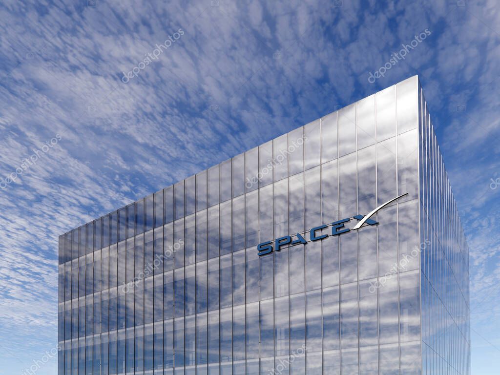June 15, 2020, Editorial Use Only, 3D CGI. SpaceX Glowing Signage Logo on Top of Glass Building. Workplace in High-rise Office Headquarter at Day Time.