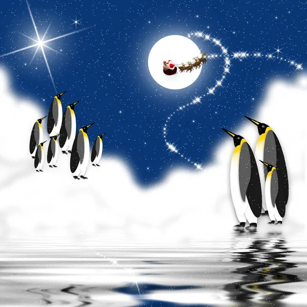 Graphic Illustration Penguins Artic Viewing Santa Claus Sleigh Reindeers Flying — Stock Photo, Image