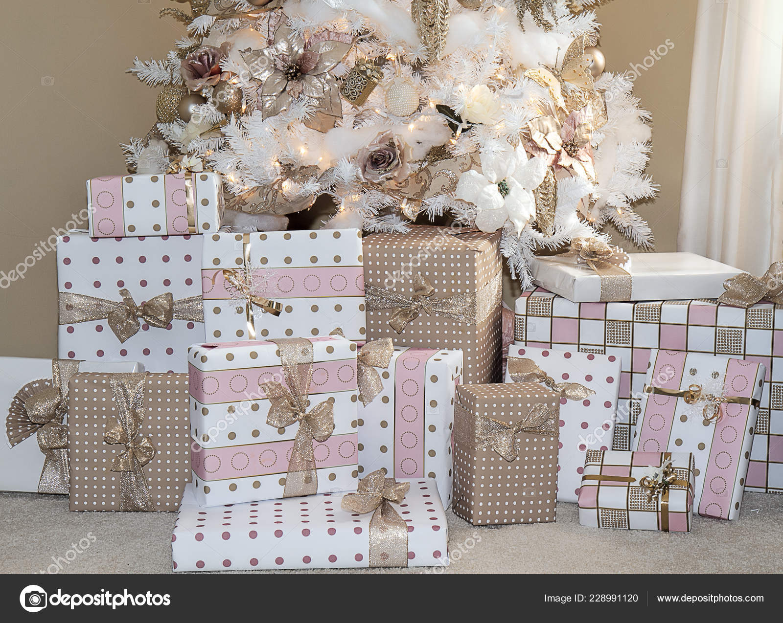 Dreamy White Christmas Tree Popular Blush Pink Ornaments Decorations Christmas Stock Photo C Trudywilkerson 228991120