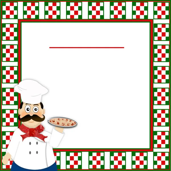 Italian background with red, green and white checkered border.  White text area and space for title.  A small Italian Chef in forefront holding pizza.