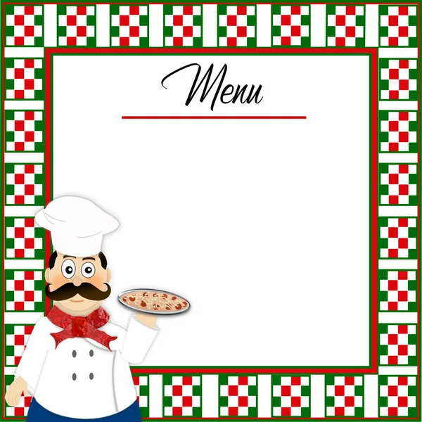 意大利背景与红色 绿色和白色格子边框 白色文本区 一个小意大利厨师拿着比萨饼在前列 顶部的文本菜单 — 图库照片