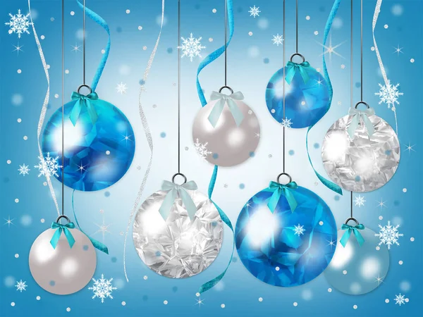 Элегантная Рождественская Иллюстрация Красивыми Голубыми Орнаментами Свисающими Падающим Снегом Фальшивыми — стоковое фото