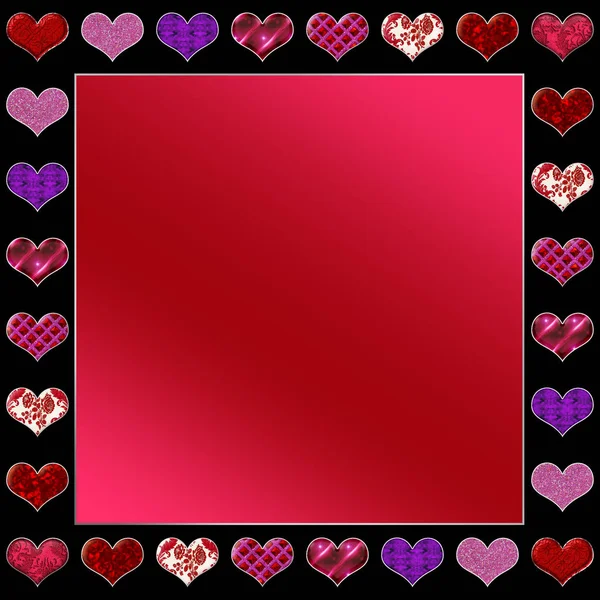 瓦伦丁图形背景与各种各样的心脏毗邻正方形红色梯度文本区域在中间 — 图库照片
