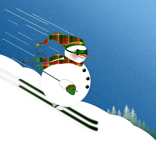 Fat Little Snowman Skiing High Speed Mountain Wearing Goggles Matching — Stockfoto