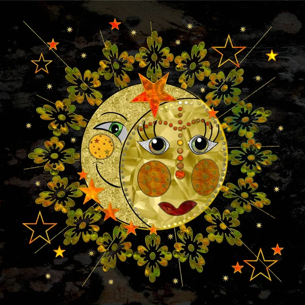 Abstract Sun, Moon and Stars design with faces on the moon and sun.  Graphic illustration isolated on faux black textured background.