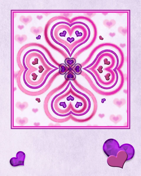 粉红色和紫色的心在抽象的图案阴影 背景图 下面的图形文本区域 — 图库照片