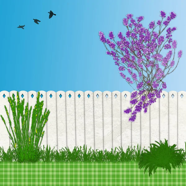 Illustration Background Lilac Tree Fence Green Plaid Grass Abstract Fun — Stock Photo, Image