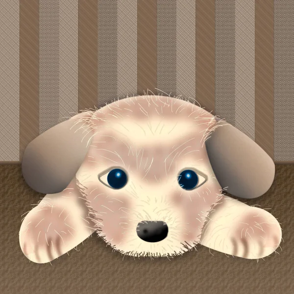 图形插图可爱的小狗看起来有点悲伤 而孤立的棕色条纹的背景 大的深蓝色眼睛 — 图库照片
