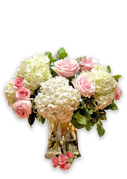 Güzel Çiçek Aranjman Cam Vazoda Beyaz Ortancaları Yumuşak Pembe Güllerle — Stok fotoğraf