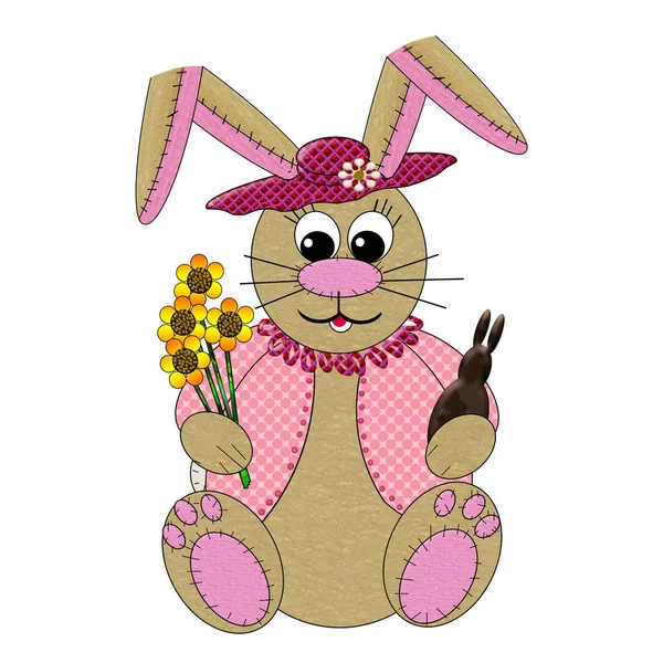Isolated on white background is Easter Bunny with a home-made effect showing stitches.  Graphic illustration. Large floppy ears.  Male and Female, two images.   Female holding flowers and chocolate bunny and wearing wide brim hat.  Male bunny has Egg