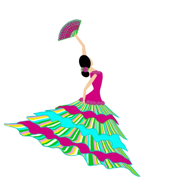 美丽的图形弗拉门戈舞者穿着长流动明亮的礼服 同时挥舞着她华丽的风扇 隔离在白色背景上 — 图库照片