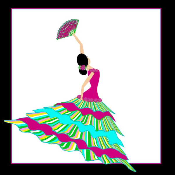 美丽的图形弗拉门戈舞者穿着长流动明亮的礼服 同时挥舞着她华丽的风扇 隔离在白色背景上 — 图库照片