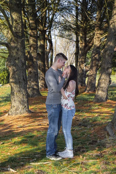 Romantik Çift Ağaçlarla Kaplı Bir Yol Içinde Birbirlerine Hugs Aşk — Stok fotoğraf