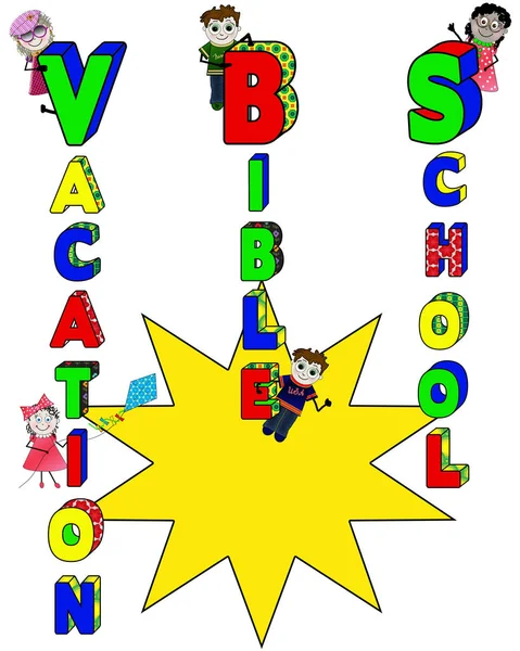 Vacation Bible School VBS poster ideal for advertising the summer event.  Bright colors with large yellow sunburst available for personalization.   Little graphic kids hanging around the sign ready for VBS to begin.