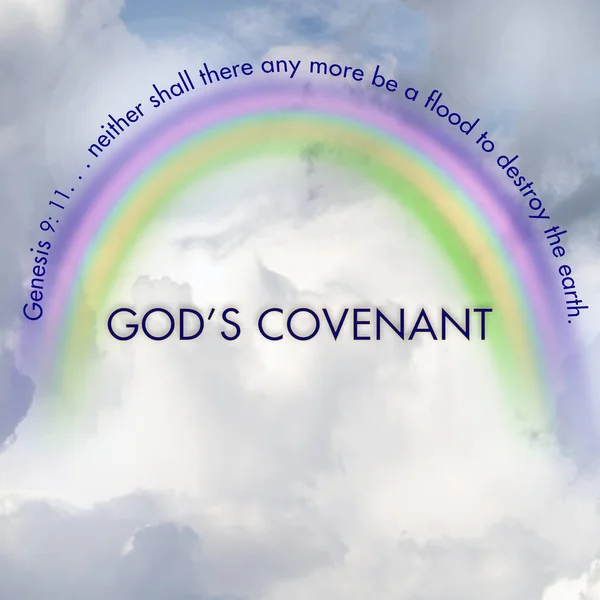 Concept Christian Background with text in the center, God\'s Covenant, which includes rainbow over sky and scripture verse in KJV over the rainbow.