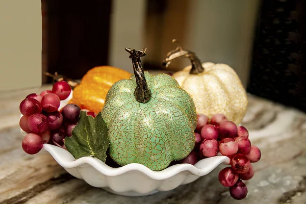 Kitchen Counter Bowl Decorative Faux Pumpkins Dish Fall Season Orange — Stock Photo, Image