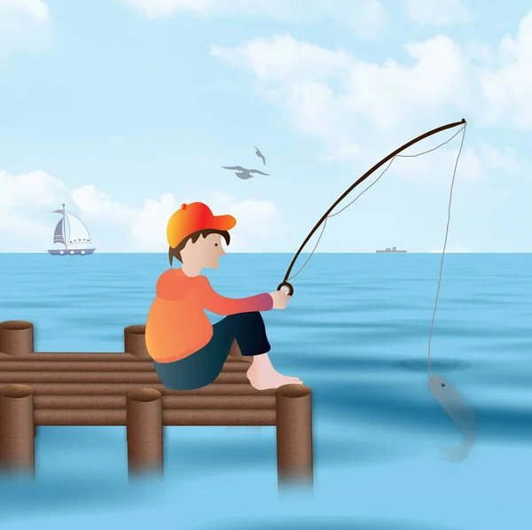 PrintYoung boy sitting on a pier fishing.  Fish can be seen in the water on the hook.  Graphic Illustration of a summer vacation relaxing image.