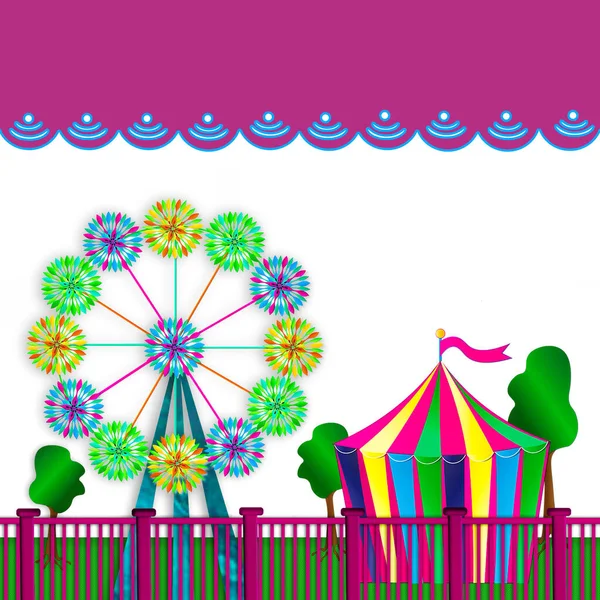 Graphic Illustration Amusement Park Spinner Ferris Wheel Colorful Tent Text — Stock Photo, Image