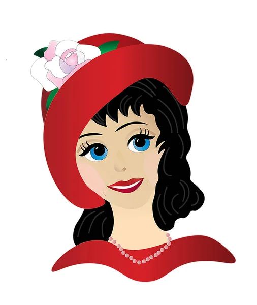 Κυρία Κόκκινο Μεγάλο Καπέλο Και Λευκό Τριαντάφυλλο Γραφική Απεικόνιση Που — Φωτογραφία Αρχείου
