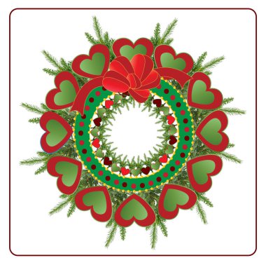 Kalplerden ve çam ağacından yapılmış, beyaz arka planda izole edilmiş büyük kurdeleli eşsiz bir Noel çelengi ve kıvrımlı köşeli bir sınırın grafiksel çizimi..