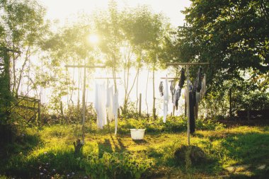 Taze yıkanmış Çamaşırhane sıcak parlak güneşli bir günde katarı çiftlik arka bahçesinde kurutma