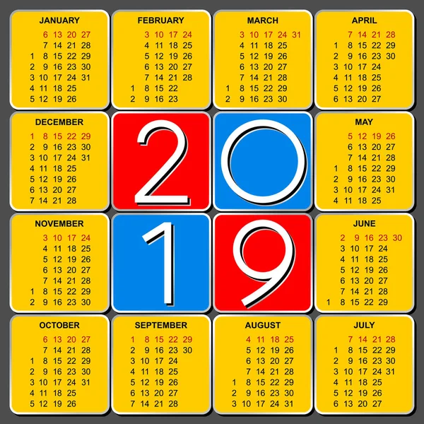 Modèle Grille Calendrier Américain 2019 Vecteur — Image vectorielle