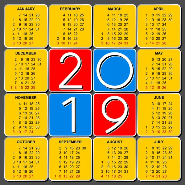 Modèle Grille Calendrier Européen 2019 Vecteur — Image vectorielle